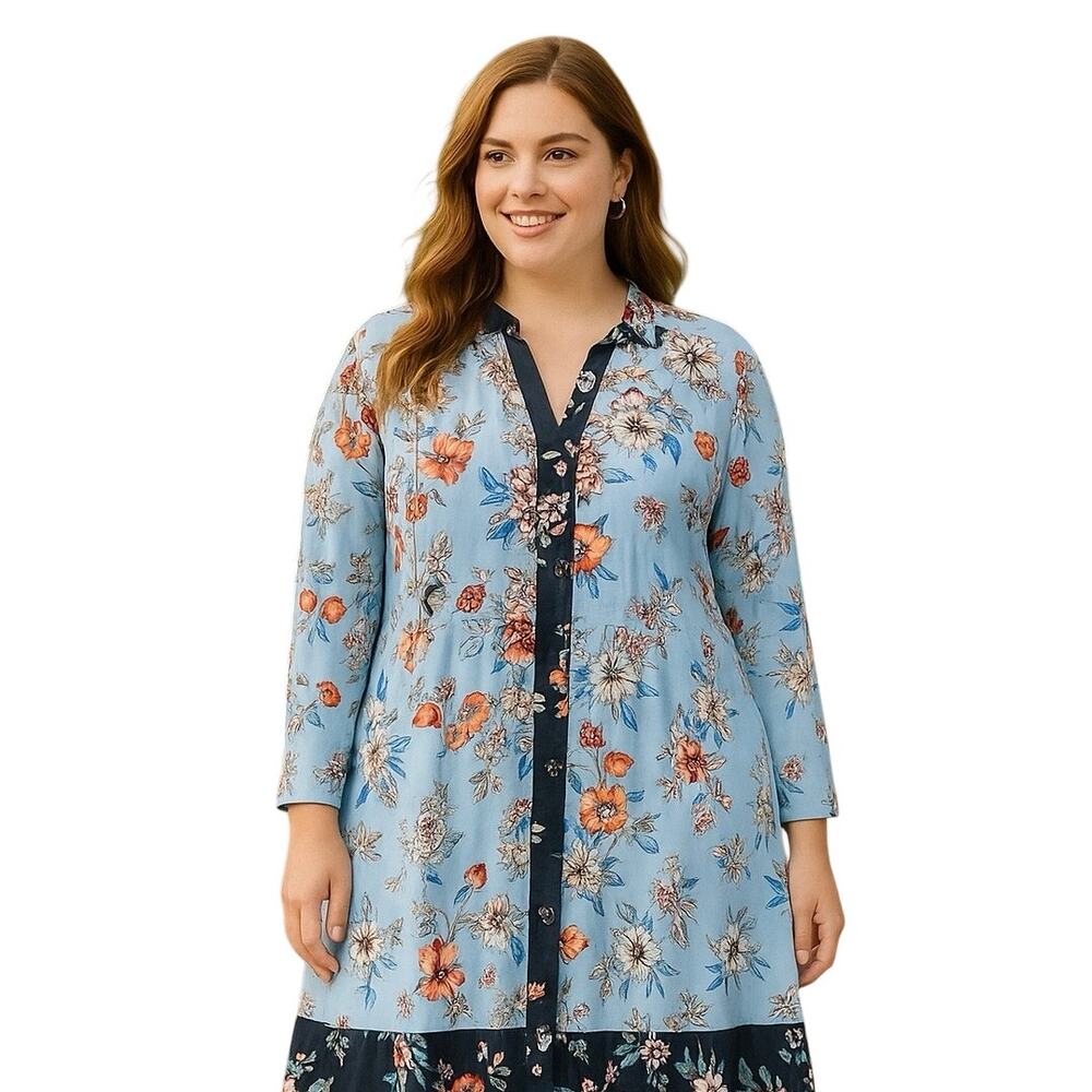 Maeve Anthropologie Blue Floral Long Sleeve Button Front Midi Dress Sz 4